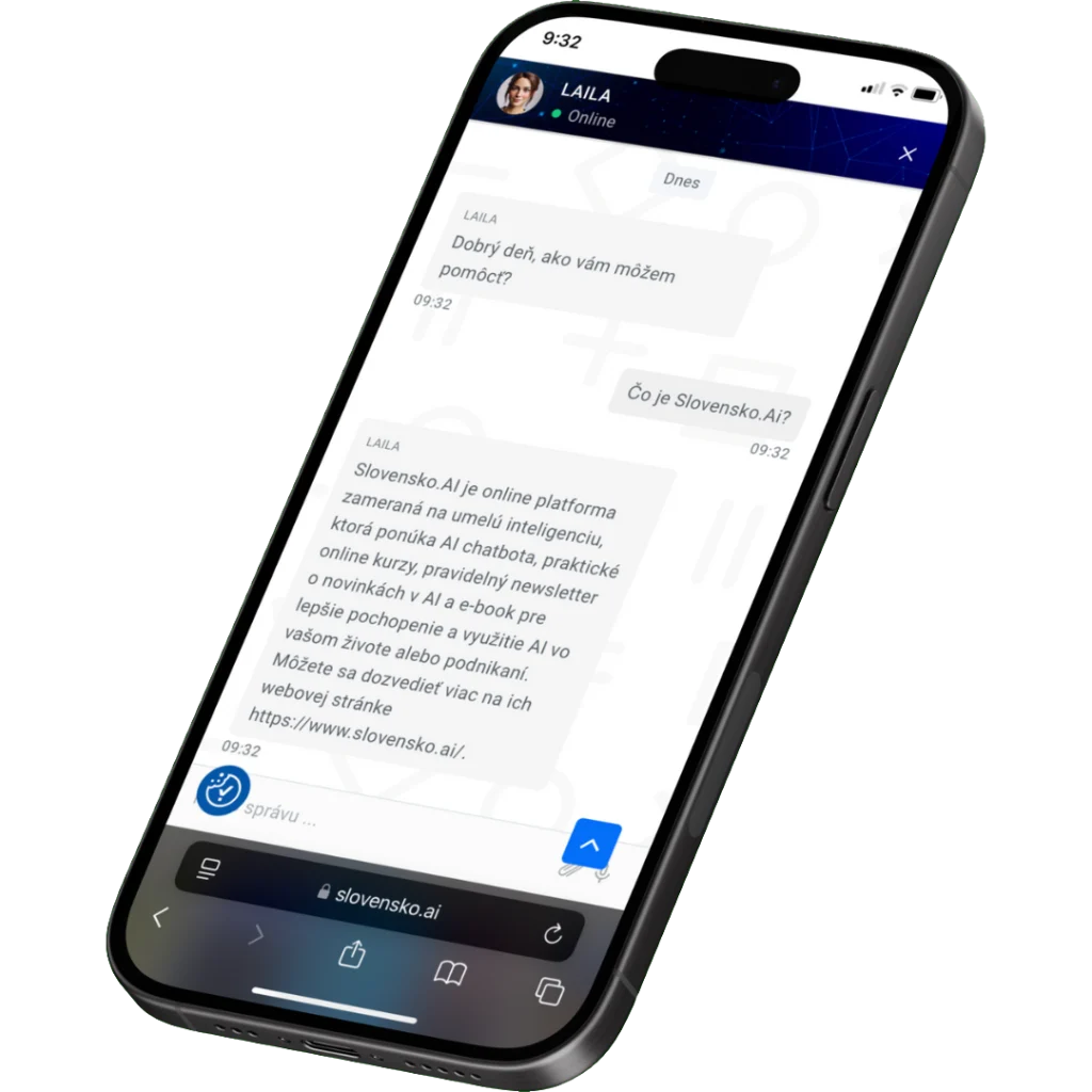 Zobrazenie mobilného telefónu s AI chatbotom Laila od Slovensko.ai, ktorý komunikuje a poskytuje informácie používateľovi.