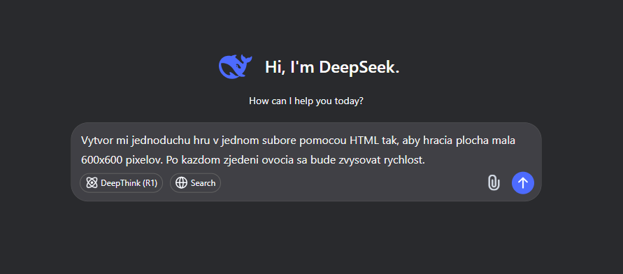 Screenshot AI nástroja DeepSeek s promptom na vytvorenie jednoduchej hry hada v HTML a JavaScripte.